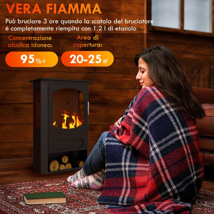 Freestanding Bioethanol Fireplace, 1.2L Burner (3-Hour Runtime), Heated Area 20–25 m2, Black