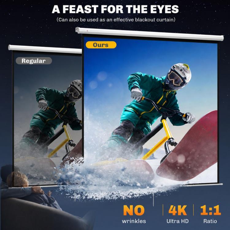 120 inch Projector Screen, 1:1 Format, 160° Angle, Ceiling or Wall Mountable