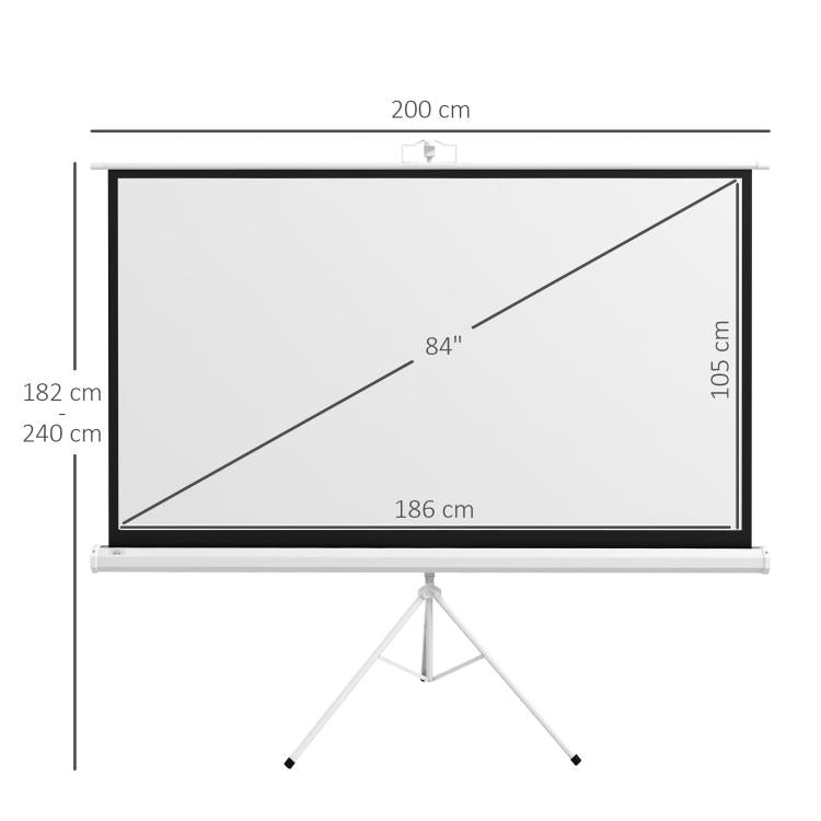 84 inch Projector Screen With Adjustable Tripod, 160 Degree Viewing Angle, 200 x 8 x 118cm, White