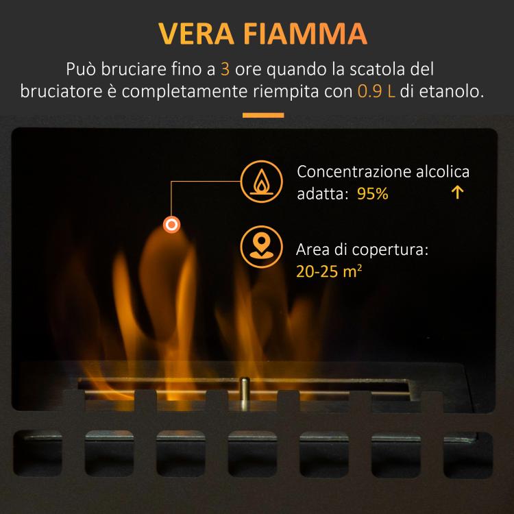 Metal Bioethanol Fireplace with 3-Hour Burn Time, 0.9L Tank, and 25 square meter Coverage, 41x25x54 cm, Black