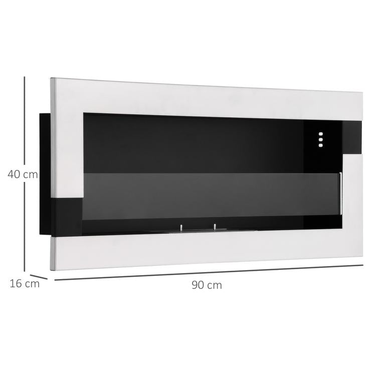 Stainless Steel Bioethanol Fireplace, 2.5-Hour Burn Time with 1.5L Tank and 20 m2 Coverage, 90x16x40 cm, Silver