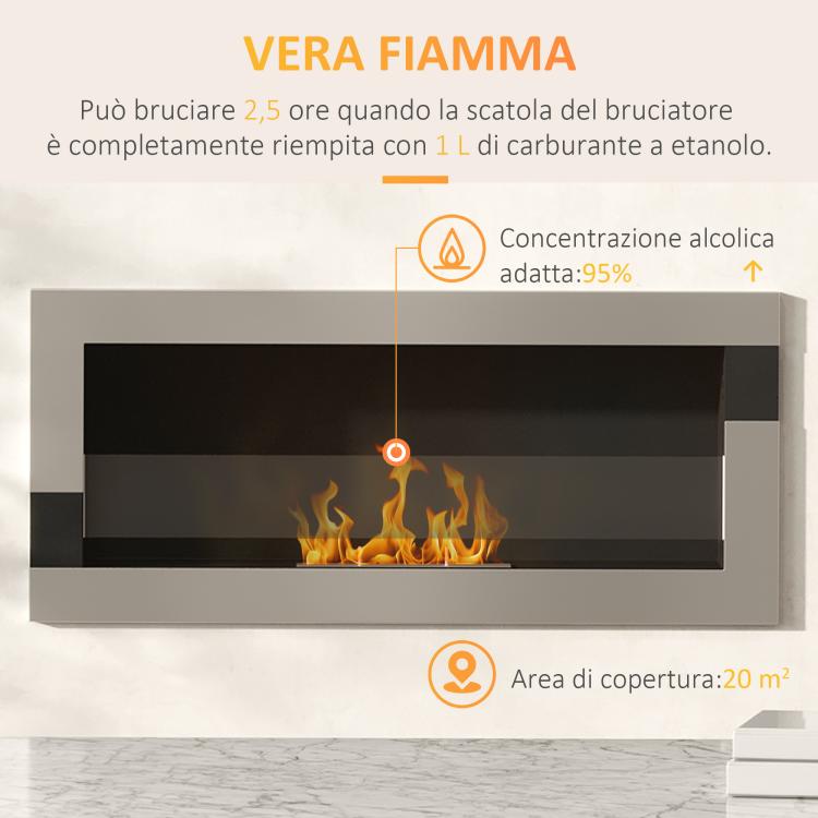 Stainless Steel Bioethanol Fireplace, 2.5-Hour Burn Time with 1.5L Tank and 20 m2 Coverage, 90x16x40 cm, Silver