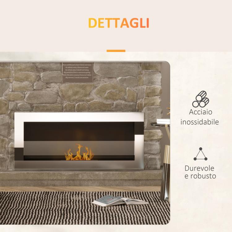 Stainless Steel Bioethanol Fireplace, 2.5-Hour Burn Time with 1.5L Tank and 20 m2 Coverage, 90x16x40 cm, Silver
