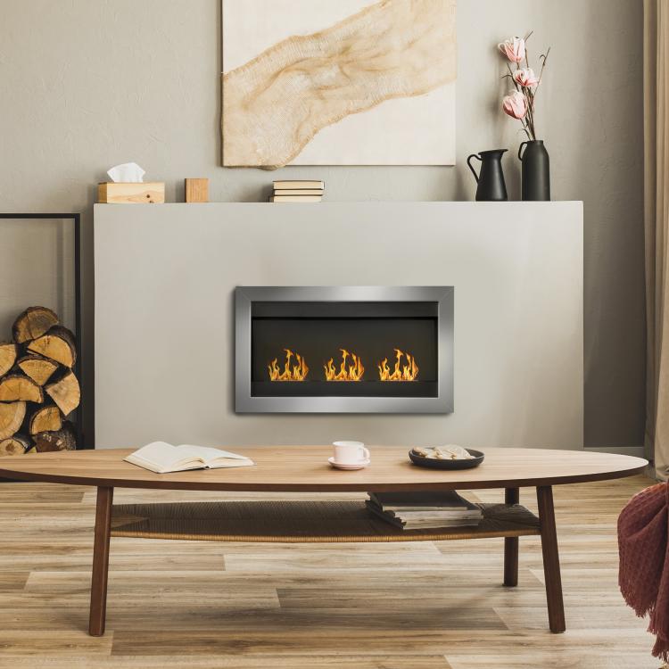 Stainless Steel Wall-Mounted Bioethanol Fireplace with 3 Burners