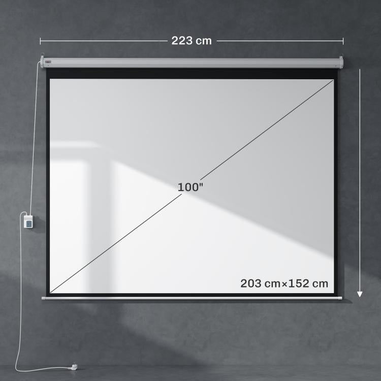 100-Inch 4:3 Adjustable Projector Screen with Remote Control, Compact Motorized Projection Screen, Wall or Ceiling Mountable, 203x152 cm, White