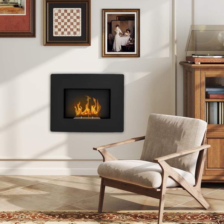 Wall-Mounted Bioethanol Fireplace with 0.9L Tank, 3.3-Hour Burn Time, for 15–20 m2 Interiors – Black (66x16x52 cm)