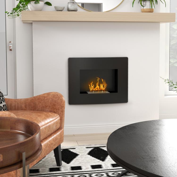 Wall-Mounted Bioethanol Fireplace with 0.9L Tank, 3.3-Hour Burn Time, for 15–20 m2 Interiors – Black (66x16x52 cm)