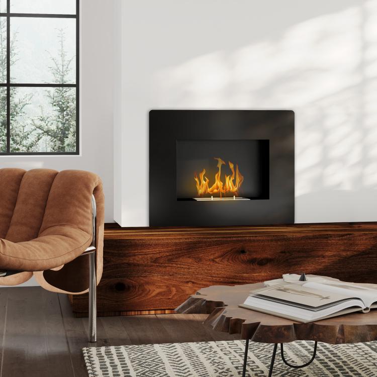 Wall-Mounted Bioethanol Fireplace with 0.9L Tank, 3.3-Hour Burn Time, for 15–20 m2 Interiors – Black (66x16x52 cm)