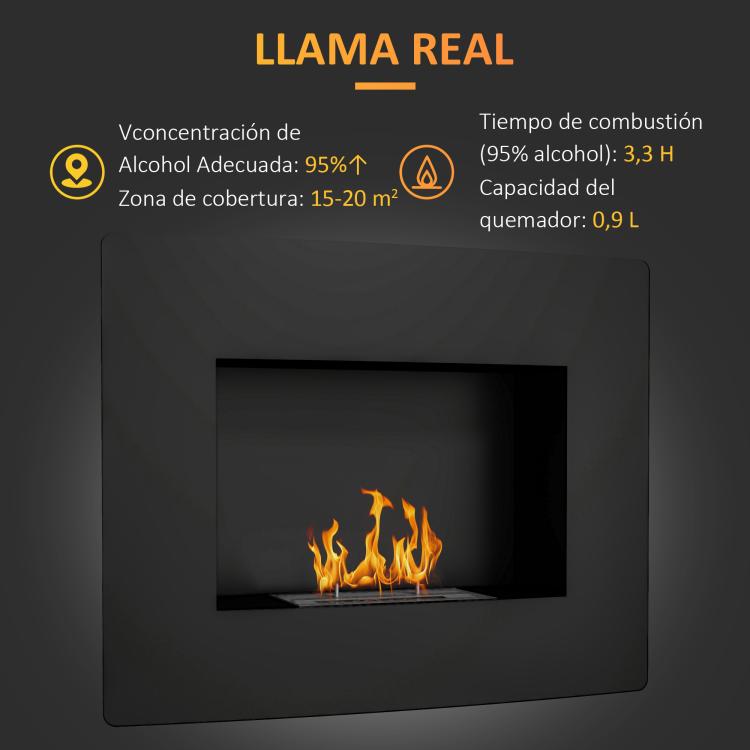 Wall-Mounted Bioethanol Fireplace with 0.9L Tank, 3.3-Hour Burn Time, for 15–20 m2 Interiors – Black (66x16x52 cm)