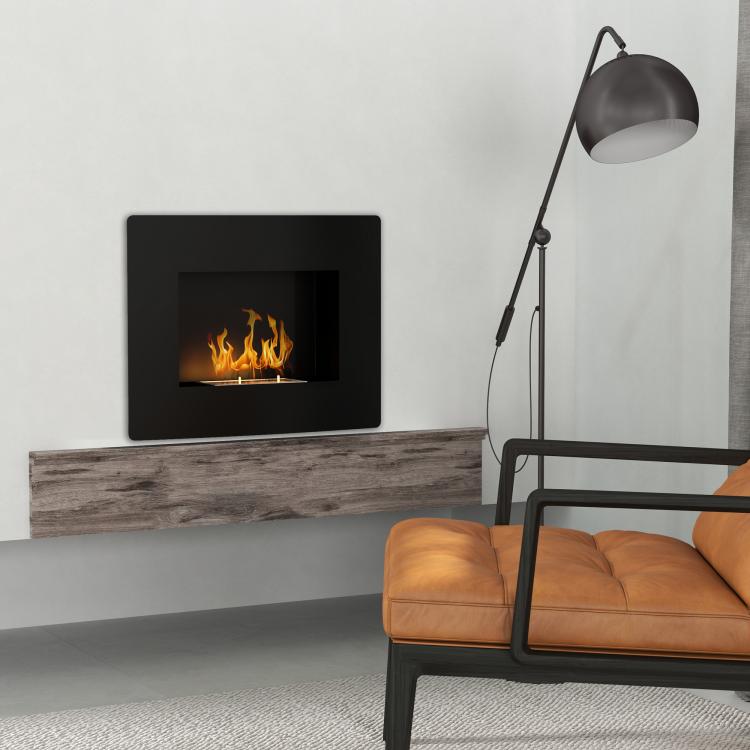 Wall-Mounted Bioethanol Fireplace with 0.9L Tank, 3.3-Hour Burn Time, for 15–20 m2 Interiors – Black (66x16x52 cm)