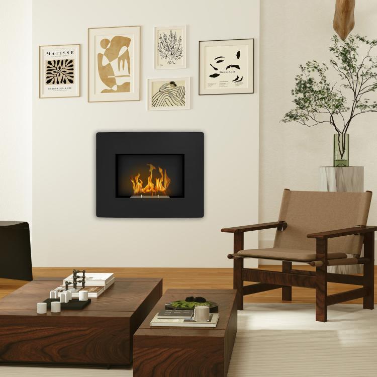 Wall-Mounted Bioethanol Fireplace with 0.9L Tank, 3.3-Hour Burn Time, for 15–20 m2 Interiors – Black (66x16x52 cm)