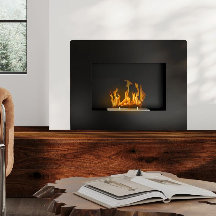 Wall-Mounted Bioethanol Fireplace with 0.9L Tank, 3.3-Hour Burn Time, for 15–20 m2 Interiors – Black (66x16x52 cm)