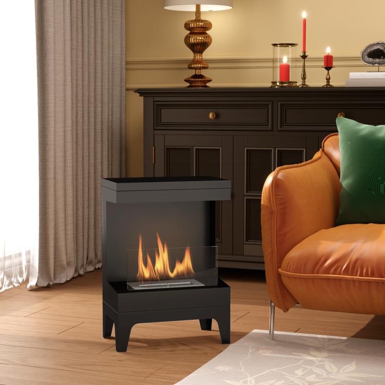 Freestanding Bioethanol Fireplace with 0.9L Tank, Stainless Steel Flame Extinguisher, 3.3-Hour Burn Time – Black