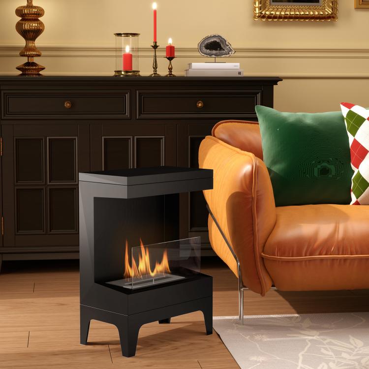 Freestanding Bioethanol Fireplace with 0.9L Tank, Stainless Steel Flame Extinguisher, 3.3-Hour Burn Time – Black