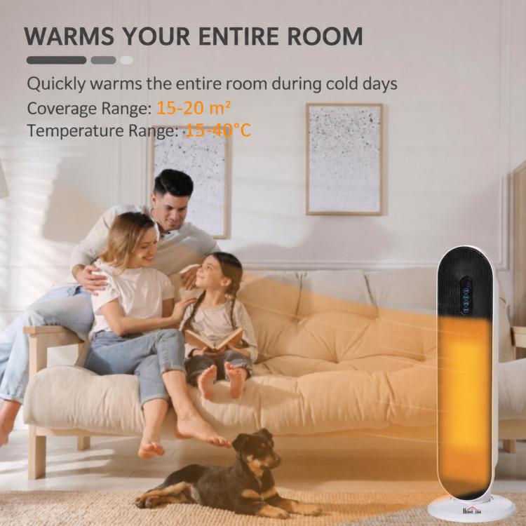 1200W/2000W Ceramic Tower Heater with Remote Control, 24H Timer Thermostat and Anti-Tip System for Rooms up to 20 m2, 21x21x63.5 cm, White and Black