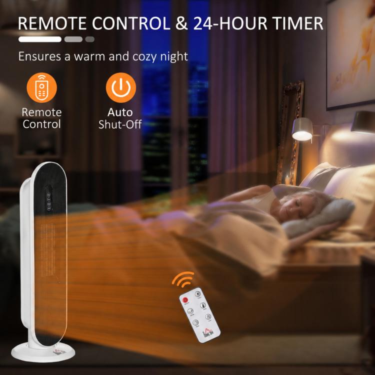 1200W/2000W Ceramic Tower Heater with Remote Control, 24H Timer Thermostat and Anti-Tip System for Rooms up to 20 m2, 21x21x63.5 cm, White and Black