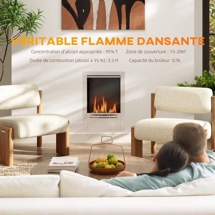 Stainless steel ethanol fireplace, 0.9-liter capacity, burns for up to 3.3 hours, silver