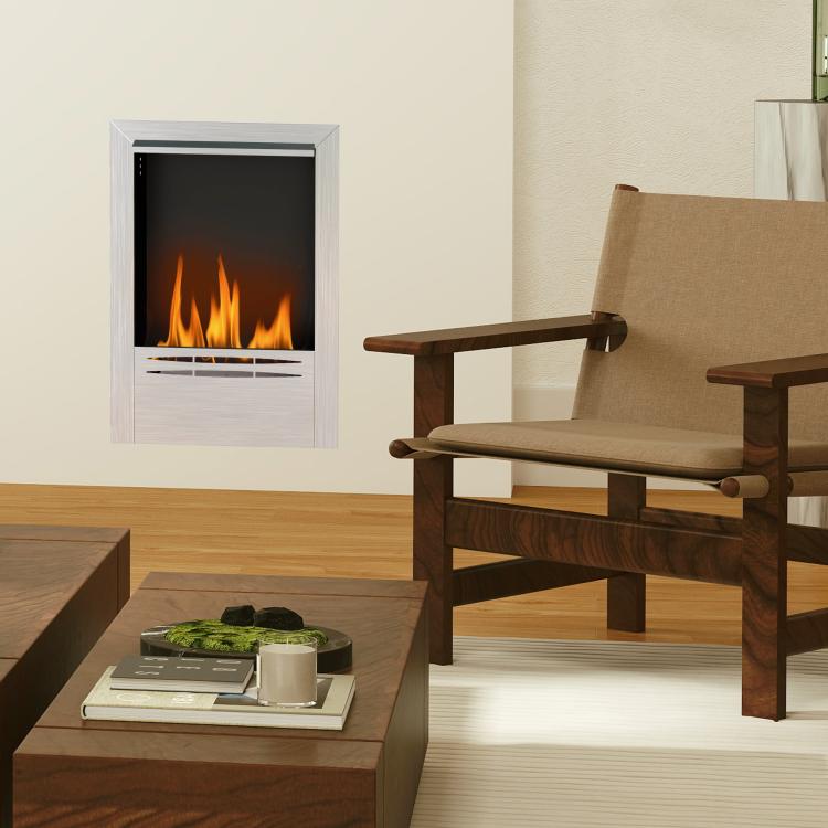 Stainless steel ethanol fireplace, 0.9-liter capacity, burns for up to 3.3 hours, silver