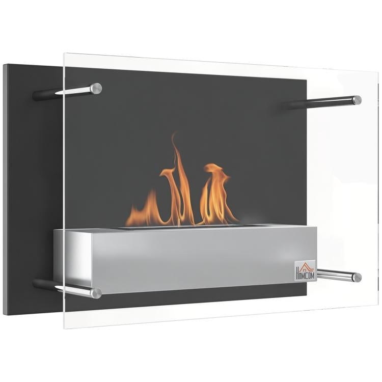 Wall-mounted/recessed bioethanol fireplace, 0.9 L burner, approx. 3-hour burn time, 60W x 22D x 40H cm, black.