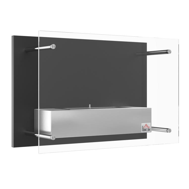 Wall-mounted/recessed bioethanol fireplace, 0.9 L burner, approx. 3-hour burn time, 60W x 22D x 40H cm, black.