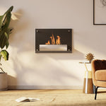 Wall-mounted/recessed bioethanol fireplace, 0.9 L burner, approx. 3-hour burn time, 60W x 22D x 40H cm, black.