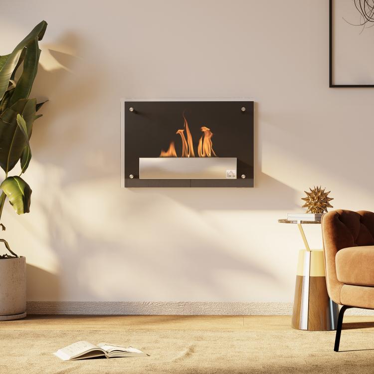 Wall-mounted/recessed bioethanol fireplace, 0.9 L burner, approx. 3-hour burn time, 60W x 22D x 40H cm, black.