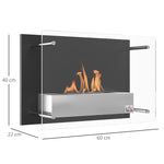 Wall-mounted/recessed bioethanol fireplace, 0.9 L burner, approx. 3-hour burn time, 60W x 22D x 40H cm, black.