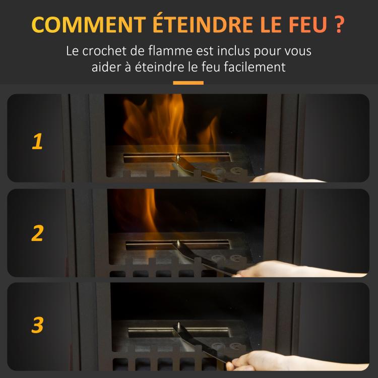 Freestanding bioethanol fireplace with 1.2 L tank, approx. 3-hour burn time, 25 m2 coverage, 41 x 25 x 54 cm