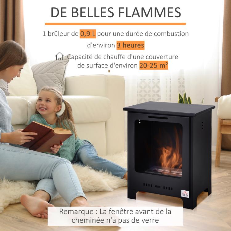 Freestanding bioethanol fireplace, 0.9L burner, 3-hour burn time, neo-retro stove style, dimensions 40L x 30W x 50H cm, coverage 20–25 m2, black.