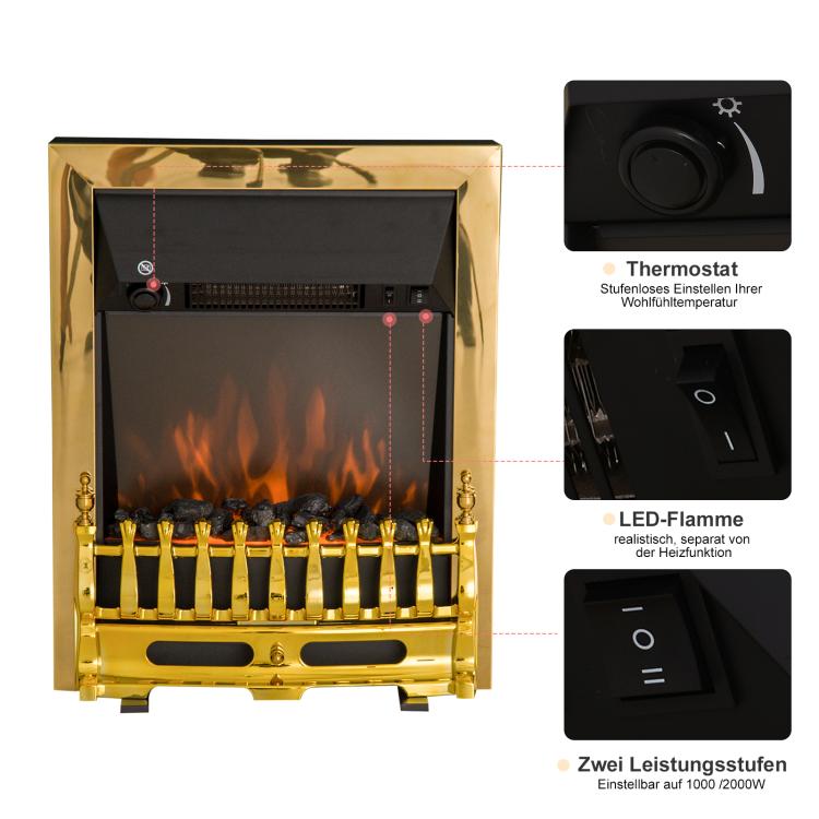 Electric fireplace with heater, electric fireplace with LED flame effect, 1000/2000W decorative fireplace, electric fireplace stove, gold