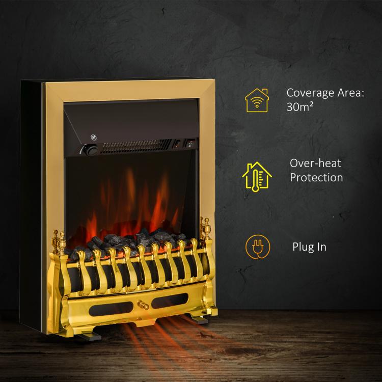 Electric fireplace with heater, electric fireplace with LED flame effect, 1000/2000W decorative fireplace, electric fireplace stove, gold