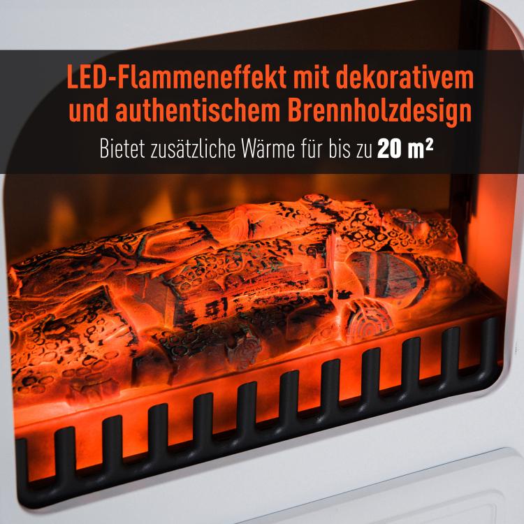 Electric fireplace with heater, electric fireplace with LED flame effect, 950/1850W decorative fireplace, electric fireplace with overheat protection, white.