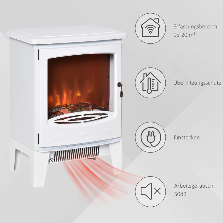Electric fireplace with heater, electric fireplace with LED flame effect, 900/1800 W decorative fireplace, electric fireplace stove, white