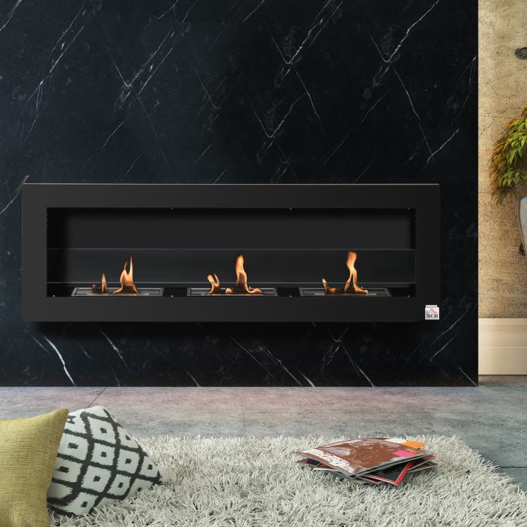 Ethanol Fireplace – Bio-Ethanol Burner – 3 Burner Boxes (1L, 3-Hour Burn Time) – 2000W – Smokeless – Wall-Mounted – Steel & Tempered Glass – Black – 120 x 15 x 40 cm
