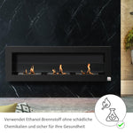 Ethanol Fireplace – Bio-Ethanol Burner – 3 Burner Boxes (1L, 3-Hour Burn Time) – 2000W – Smokeless – Wall-Mounted – Steel & Tempered Glass – Black – 120 x 15 x 40 cm