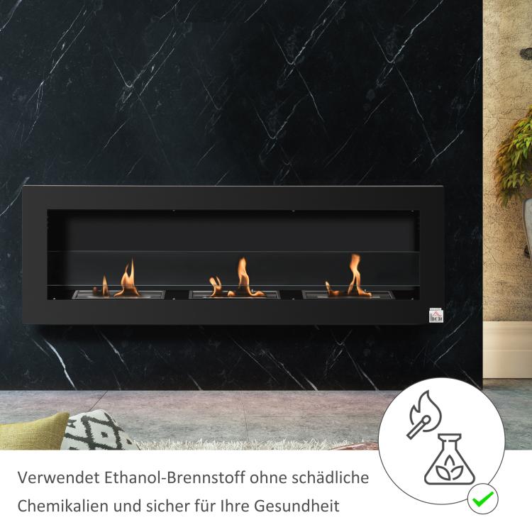 Ethanol Fireplace – Bio-Ethanol Burner – 3 Burner Boxes (1L, 3-Hour Burn Time) – 2000W – Smokeless – Wall-Mounted – Steel & Tempered Glass – Black – 120 x 15 x 40 cm