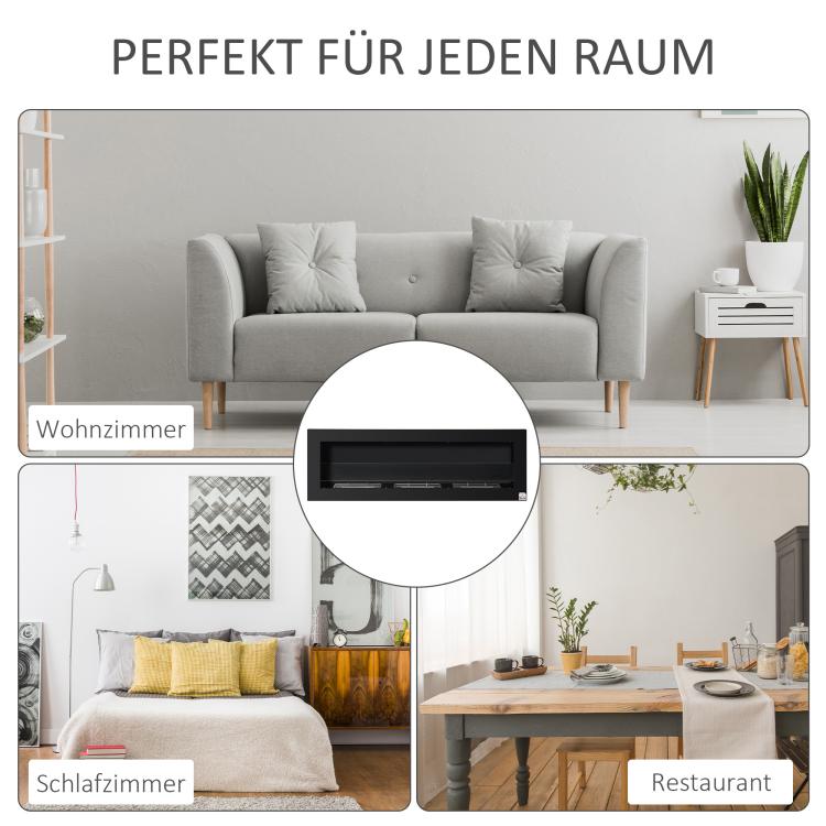 Ethanol Fireplace – Bio-Ethanol Burner – 3 Burner Boxes (1L, 3-Hour Burn Time) – 2000W – Smokeless – Wall-Mounted – Steel & Tempered Glass – Black – 120 x 15 x 40 cm