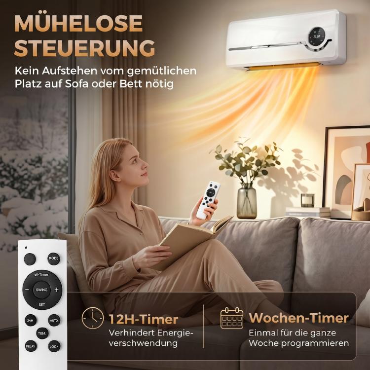 Wall-Mounted Fan Heater – 2000W Ceramic Wall Heater with Fan, Remote Control, 2 Heating Modes, LED Display