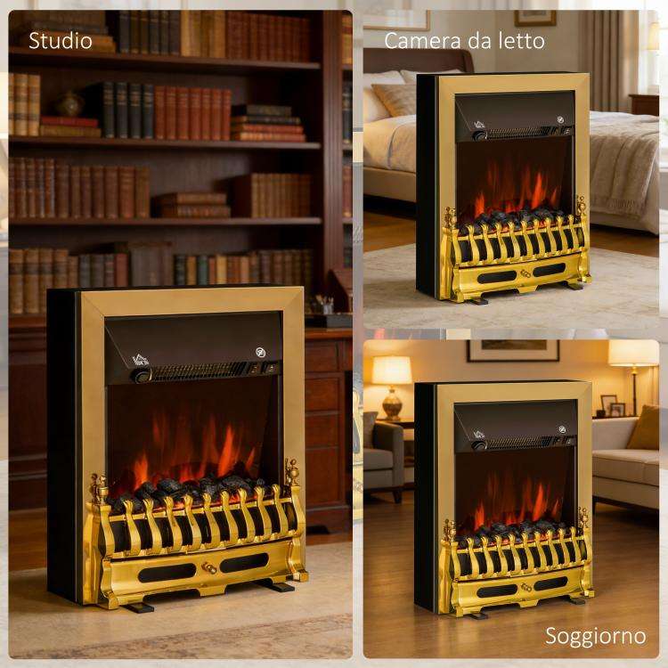 Caminetto elettrico dorato con fiamma LED, 1000/2000 W - immagine 6