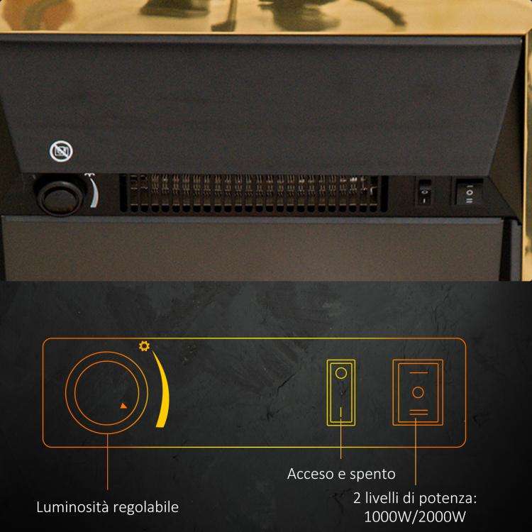 Caminetto elettrico dorato con fiamma LED, 1000/2000 W - immagine 9