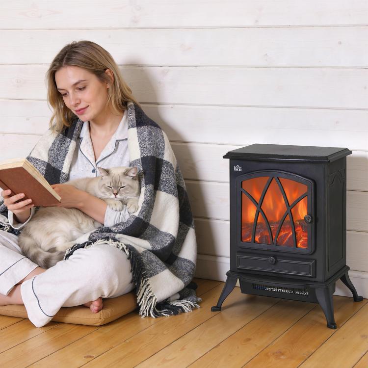 Retro-Style Electric Fireplace with Flame Effect, 1000-2000W Thermostat, and Adjustable Light – Black