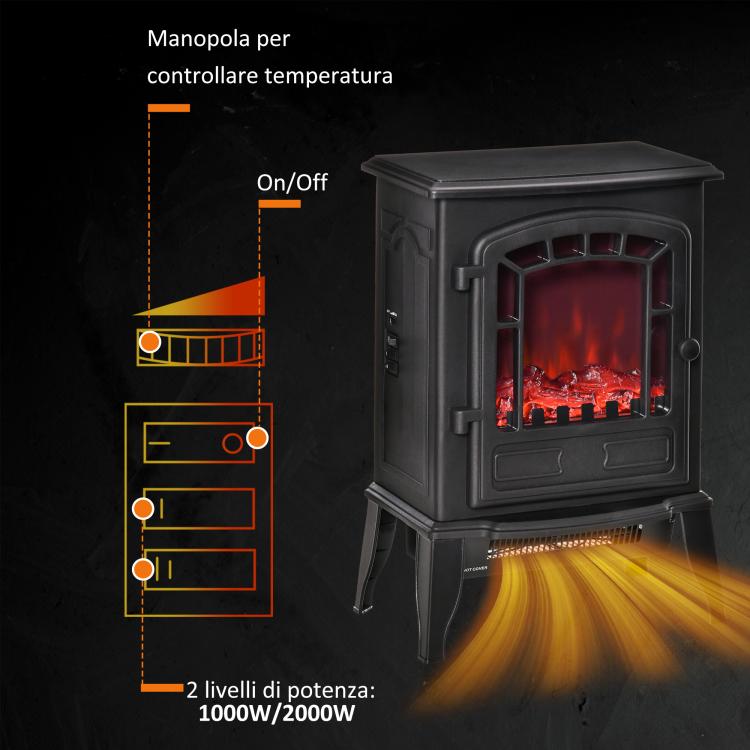 Electric Fireplace with Flame Effect, 1000/2000W Electric Fireplace with Adjustable Temperature and Overheat Protection, 20–25 m2 Coverage, 39 x 24 x 56.5 cm, Black