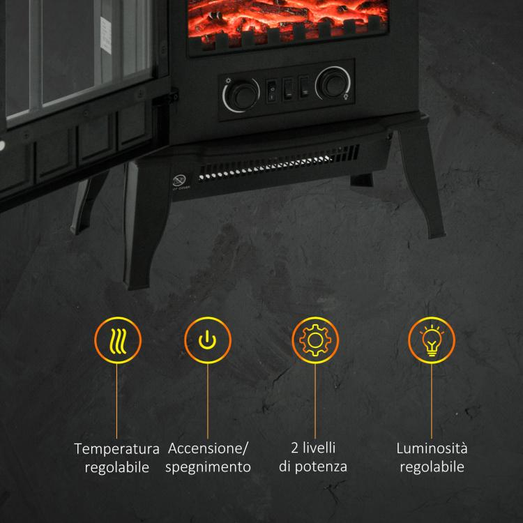 Freestanding Electric Fireplace (1000W/2000W) with Adjustable Flame Brightness, Adjustable Temperature, and Overheat Protection – 39x23x56.5cm, Black
