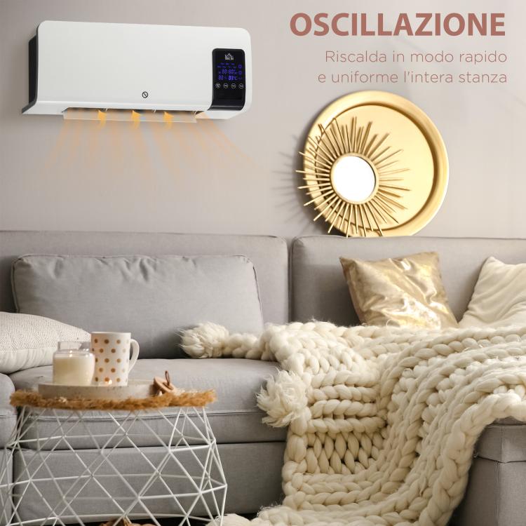 Wall-Mounted Oscillating Fan Heater with 12-Hour Timer and 2 Heating Modes, 54.5x12x21.5 cm, White
