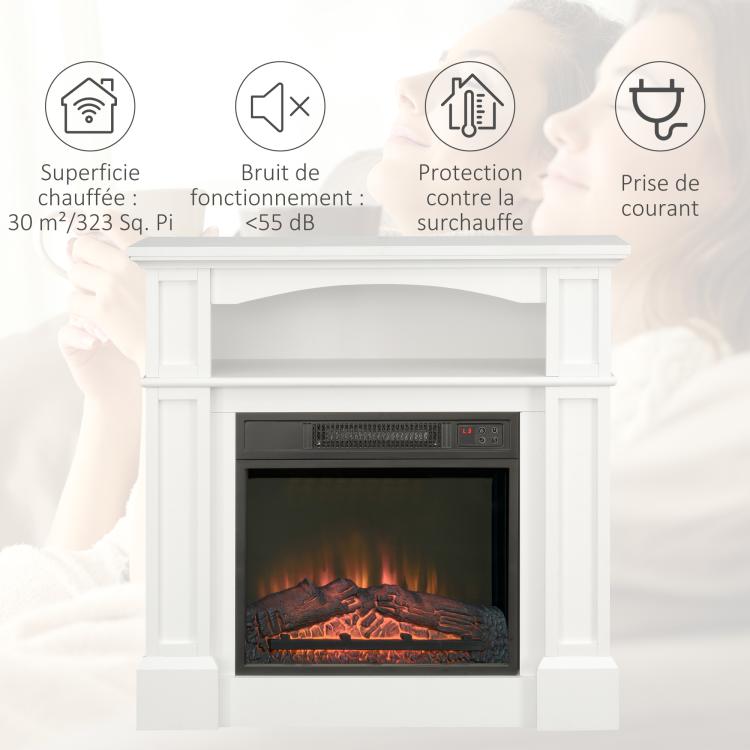 Electric fireplace with LED flame effect, adjustable brightness, and remote control – 1800 W – 80.5 x 32.3 x 80.5 cm – White