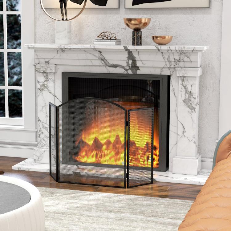 3-Panel Folding Fireplace Screen with Steel Frame, 96 x 62 cm, Black
