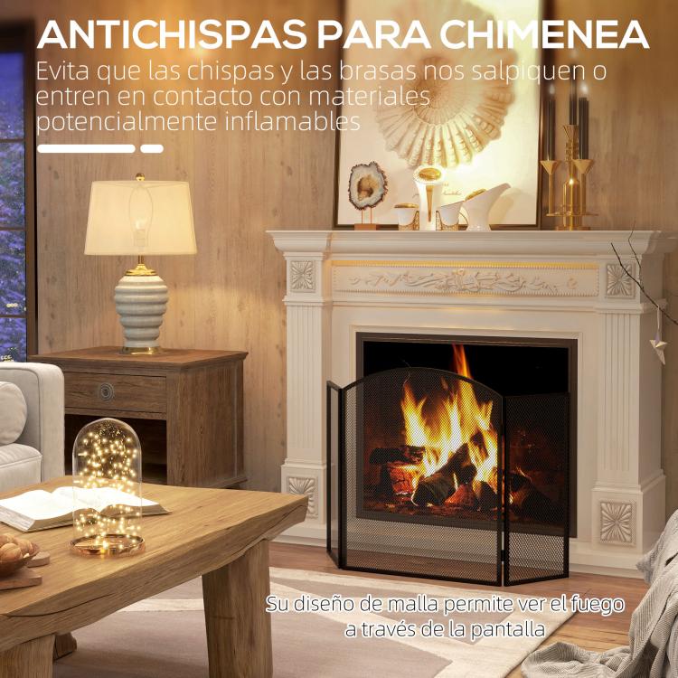 3-Panel Folding Fireplace Screen with Steel Frame, 96 x 62 cm, Black