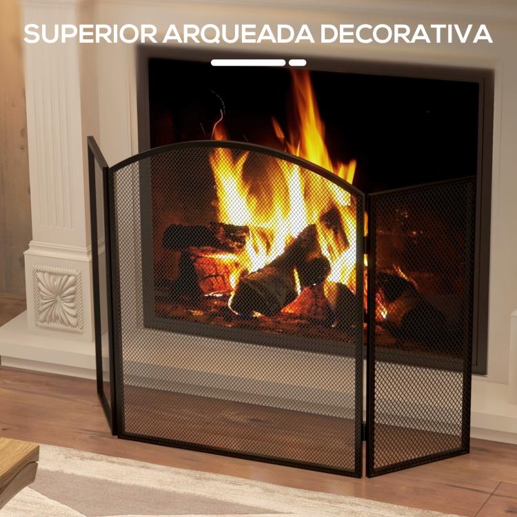 3-Panel Folding Fireplace Screen with Steel Frame, 96 x 62 cm, Black