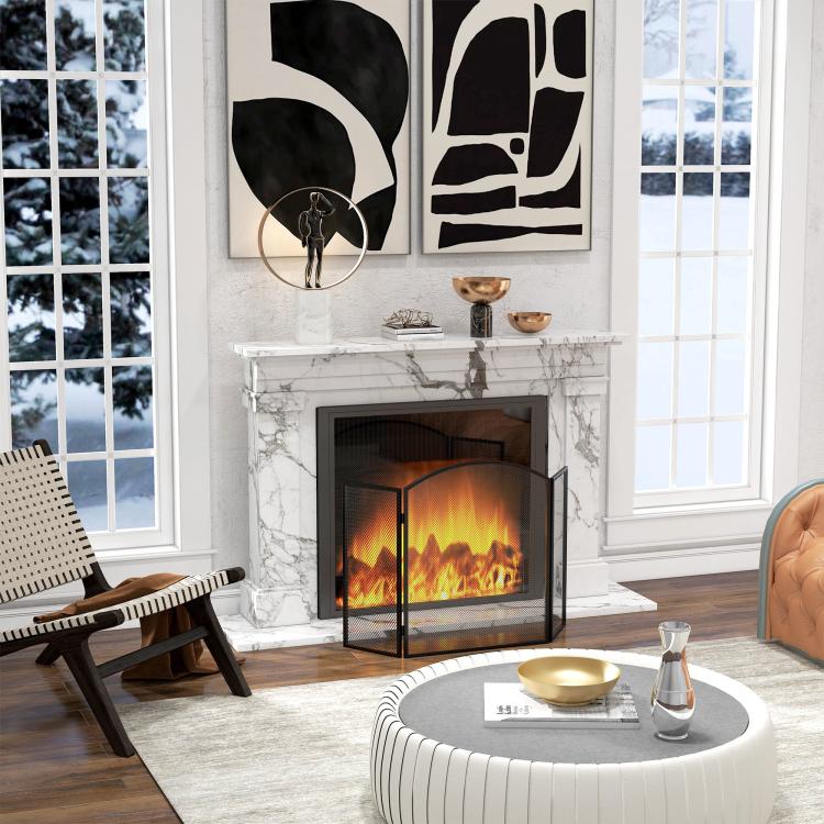 3-Panel Folding Fireplace Screen with Steel Frame, 96 x 62 cm, Black
