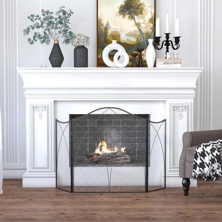 Folding Fireplace Screen, 3 Panels with Hinges and Decorative Metal Frame, 108x24x76 cm, Black